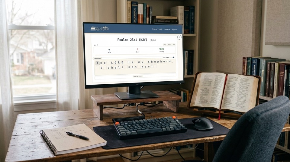 Bible typing workspace with monitor, keyboard, and Bible on a desk