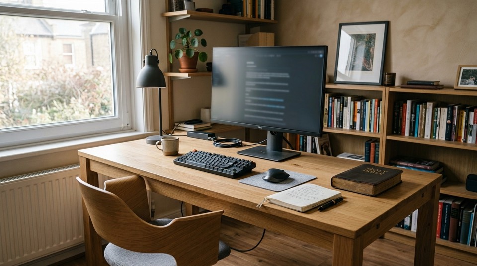 Christian homeschool or classroom study scene with laptop, Bible, and student desk